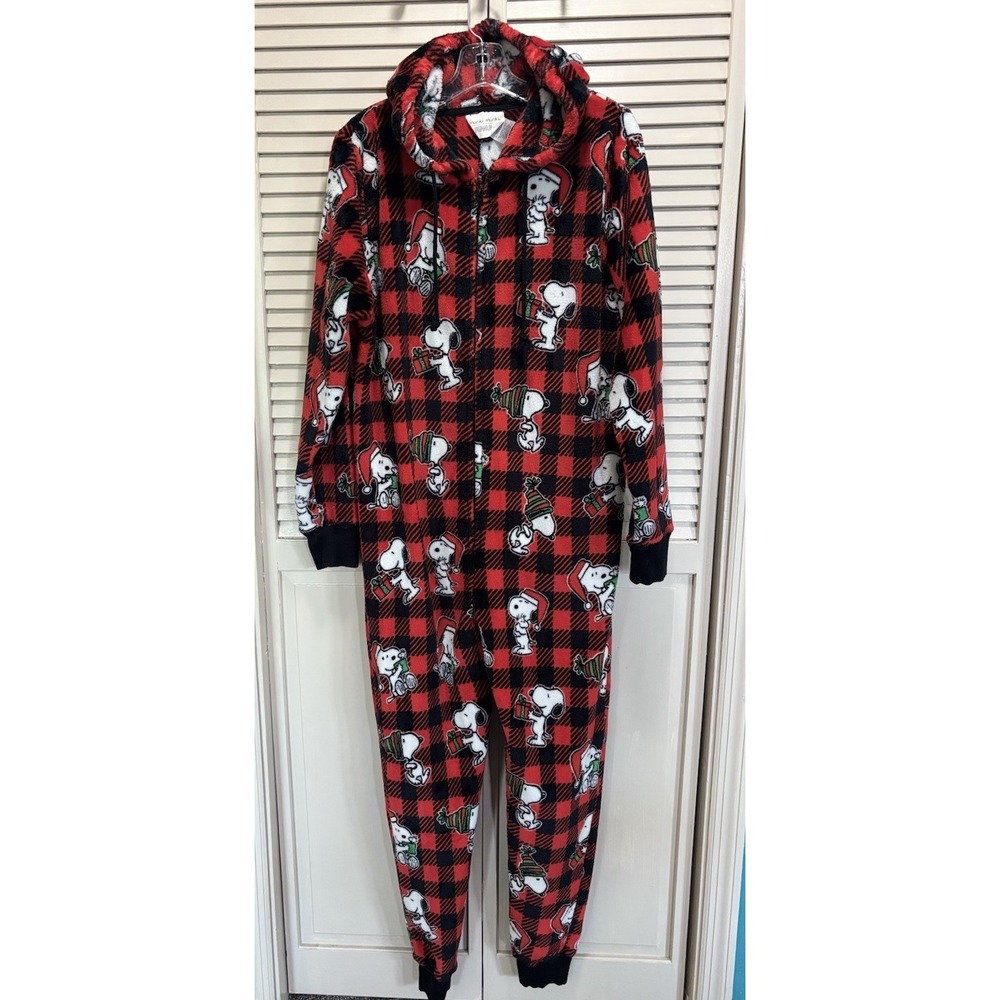 Munki Munki Peanuts Snoopy One Piece Pj Red/Blk Plaid Size‎ L Christmas